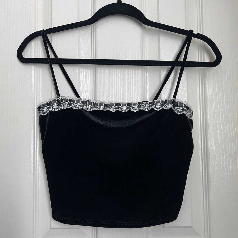PacSun/Beverly & Beck Black Velvet Cropped Tank with Lace Trim - M